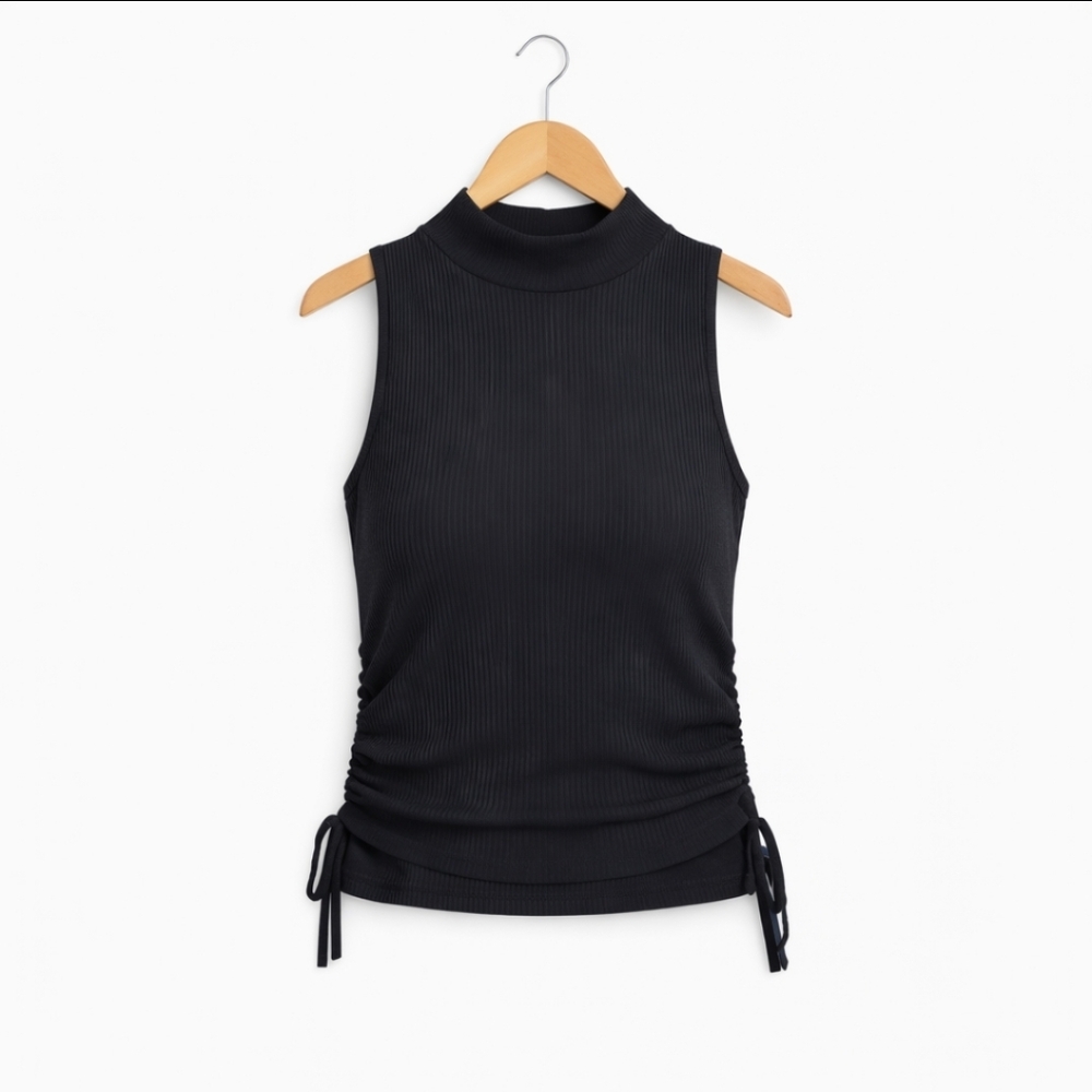 Zara Black Mock Turtleneck With Adjustable Drawstring Ruched Sides Sz Med